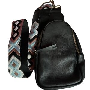 Urban Originals Anthropologie Black Vegan Leather Sling Bag Woven Strap.